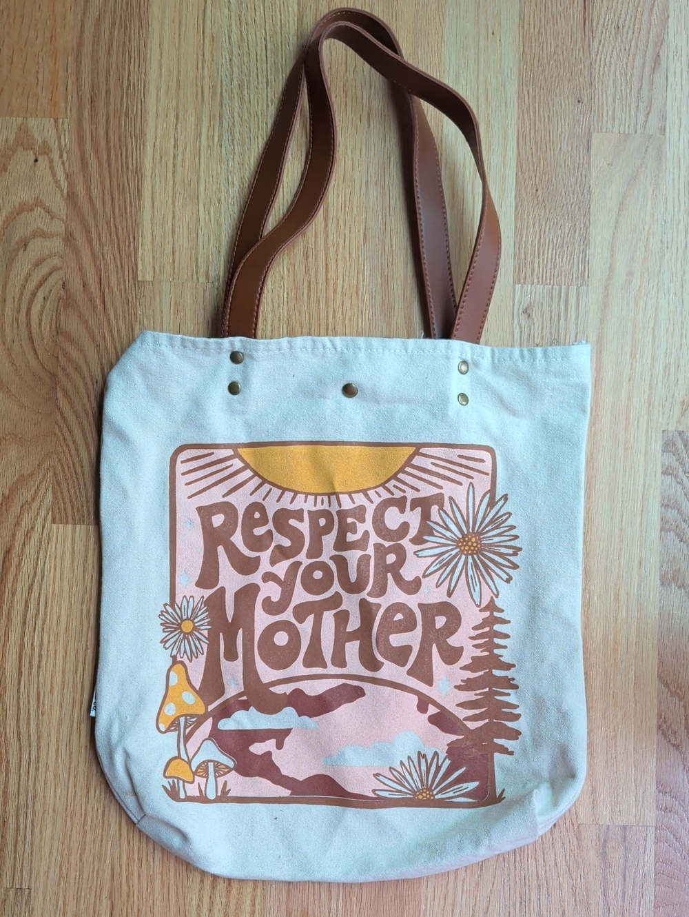 Canvas Tote Bag - Respect Your Mother Graphic in Cream and Brown